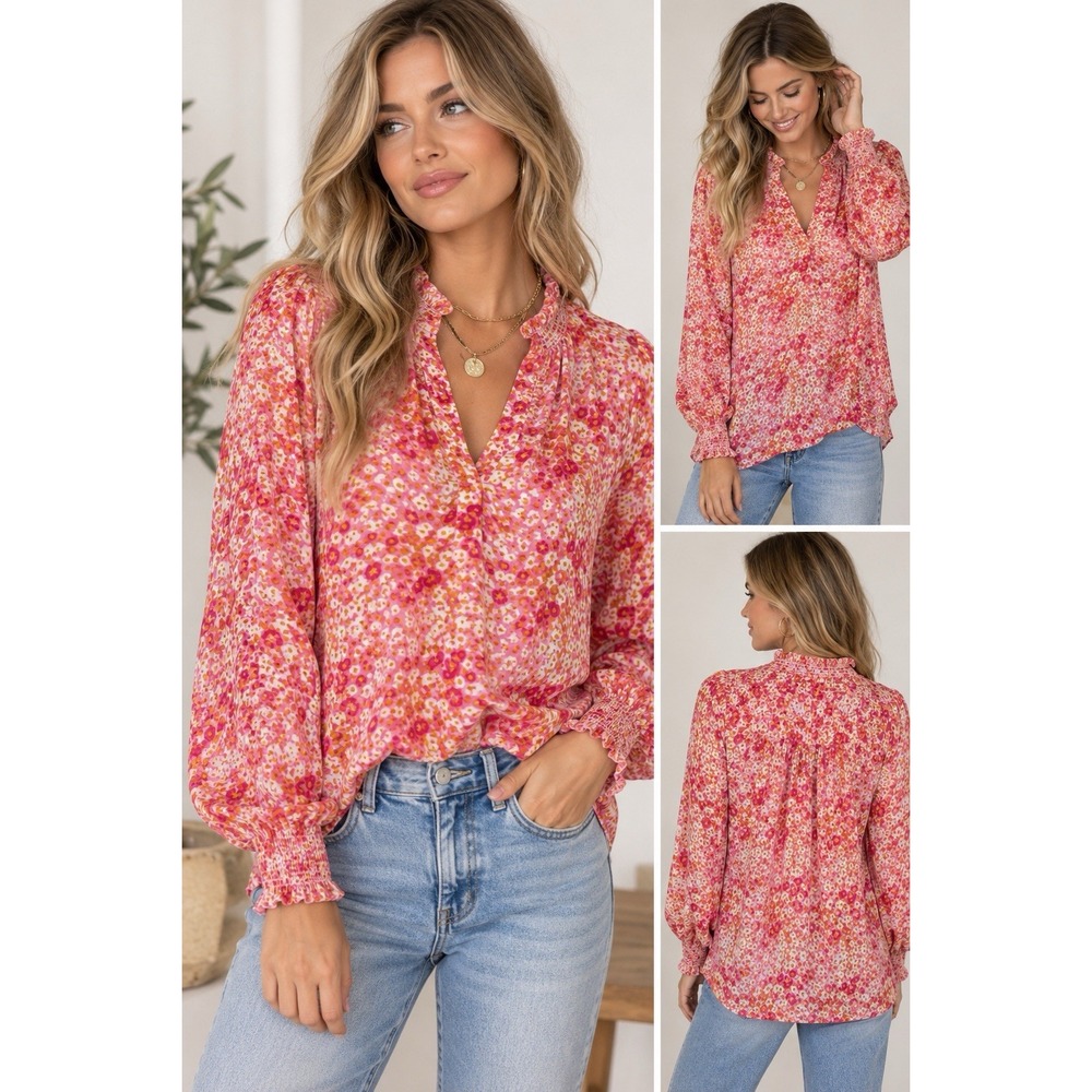 Rungolee 100% Silk Smocked Peasant Blouse Top Puff Leopard Cottage Women's XS